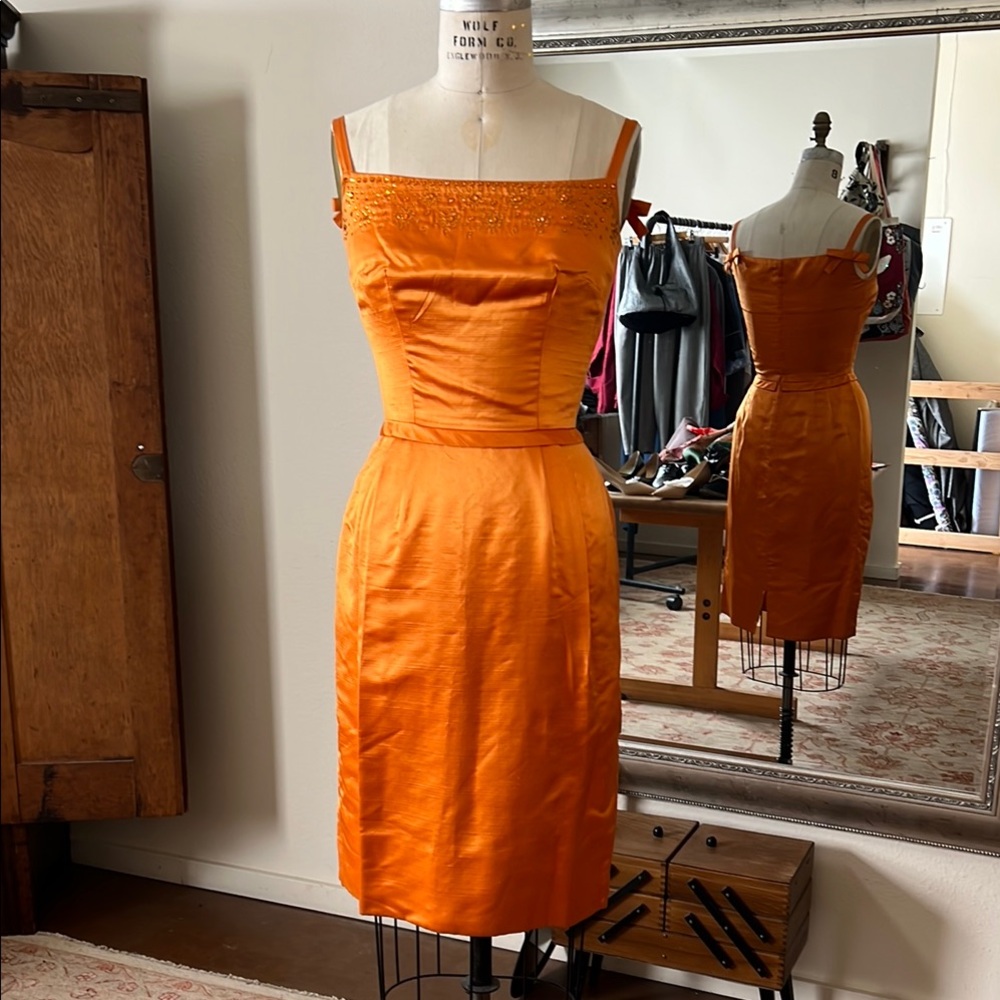 Orange Vintage Dress with elegant details. beading on front, bows on back straps